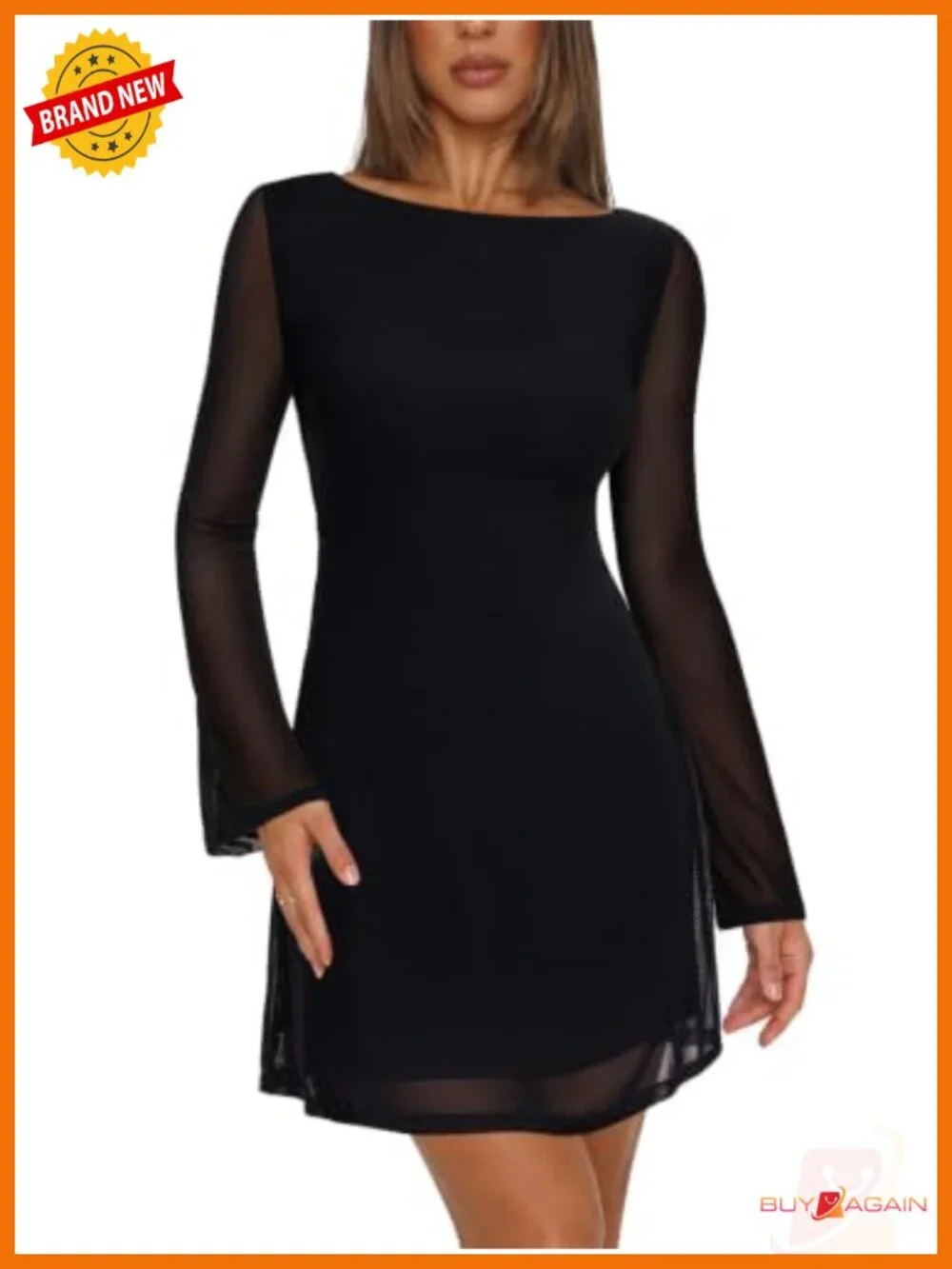 Mesh Bell Sleeve Mini Dress Long Sleeve Crew Neck A-Line Formal